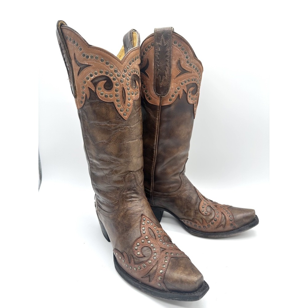 OLD GRINGO for Cavender's Chocolate/Tan Overlay Scroll Fleur Studded Boots 6B - Picture 2 of 12
